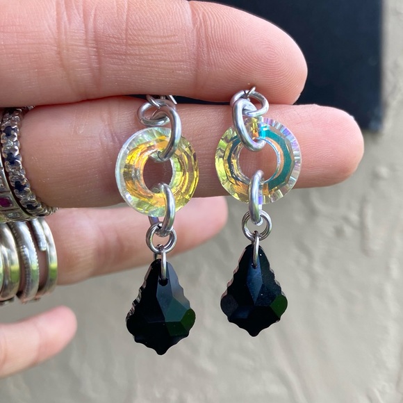 Iridescent rainbow Swarovski circle charms with black austrian crystals earrings - Picture 11 of 12